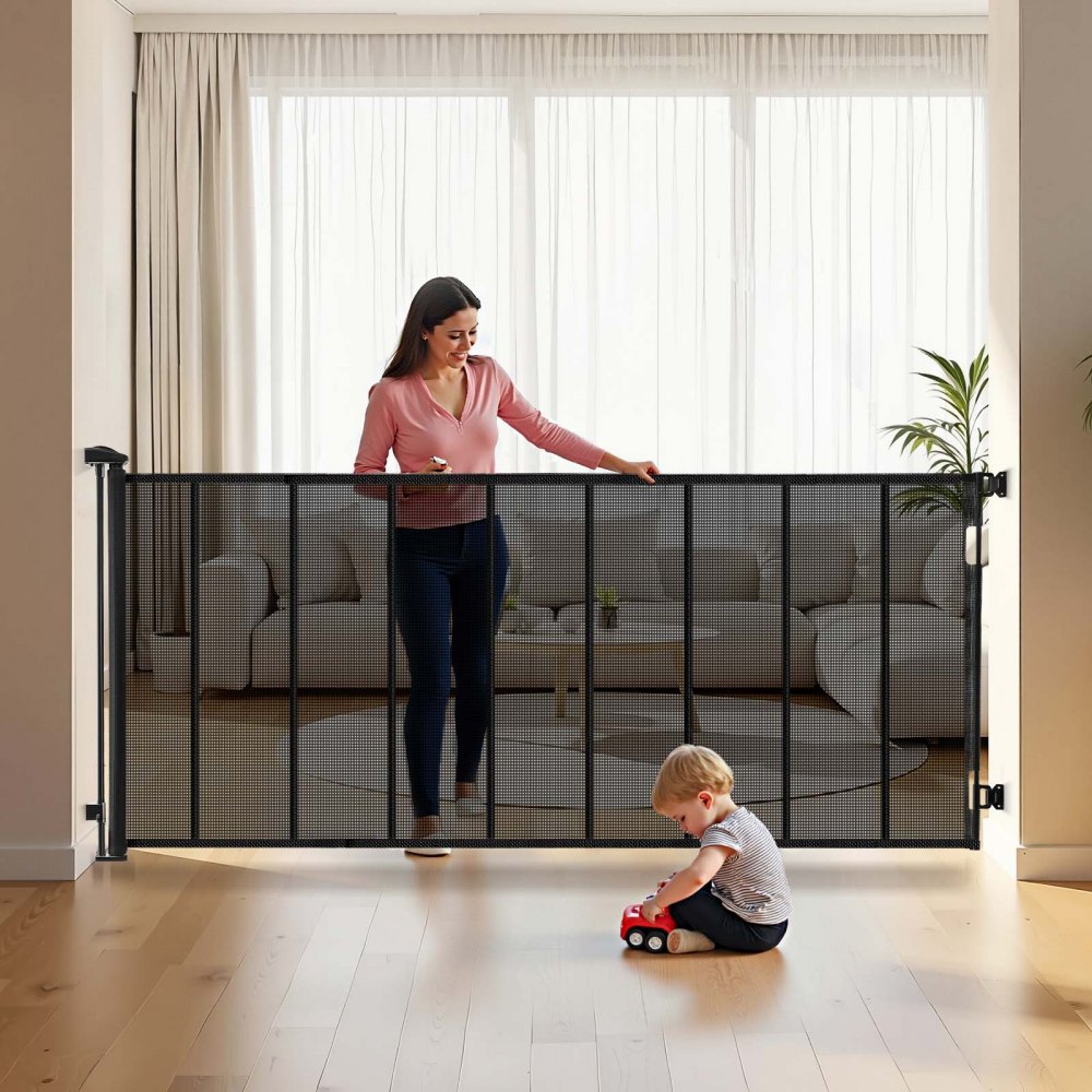 Retractable baby gate, dog gate, extendable to 415 cm wide / 99 cm high, pet gate with reinforced fiberglass strips, mesh protective gate for patios, garages, black Retractable baby gate, dog gate, extendable to 415 cm wide / 99 cm high, pet gate with reinforced fiberglass strips, mesh protective gate for patios, garages, black