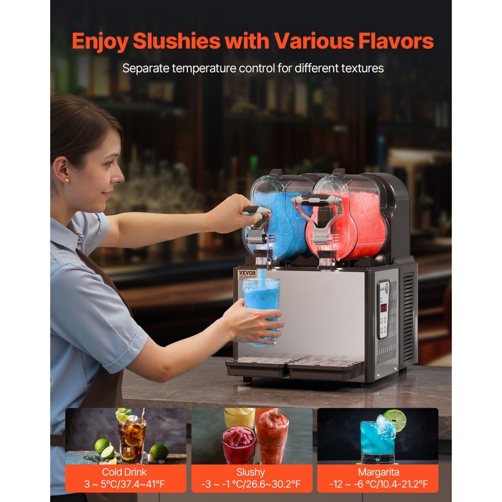 Kommerzielle Slush-Eismaschine, 3 l x 2, Doppeltankmaschine für gefrorene Getränke, 24 Tassen, Edelstahl, Slush-Eismaschine, Softeismaschine für Partys, Restaurants, Cafés, Bars, Schwarz
