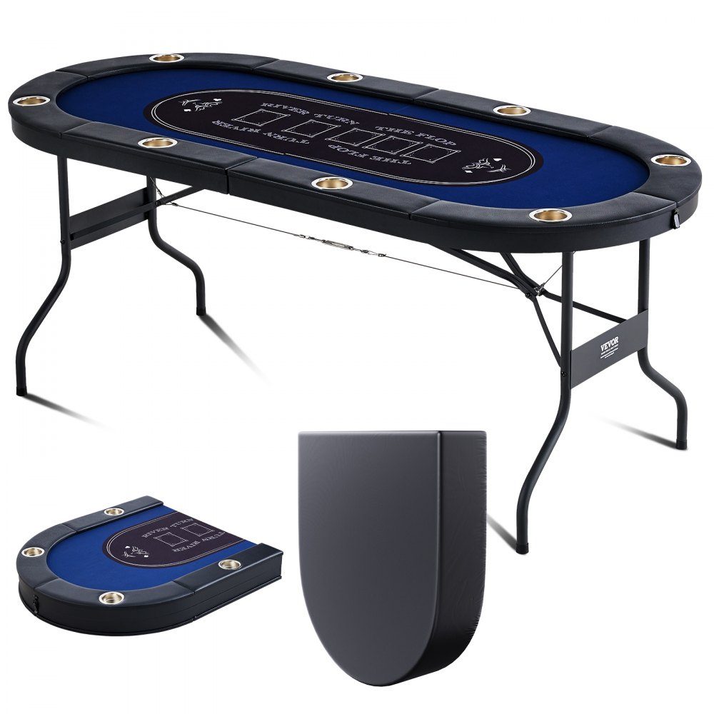 Casino Pokertafel Klaptafelpoten 1830 x 820 x 720 mm (L x B x H) Opvouwbare pokertafel Zwart Blauw Poker Pad Klaptafel voor 8 spelers Pokertafel met stofkap Draagbaar