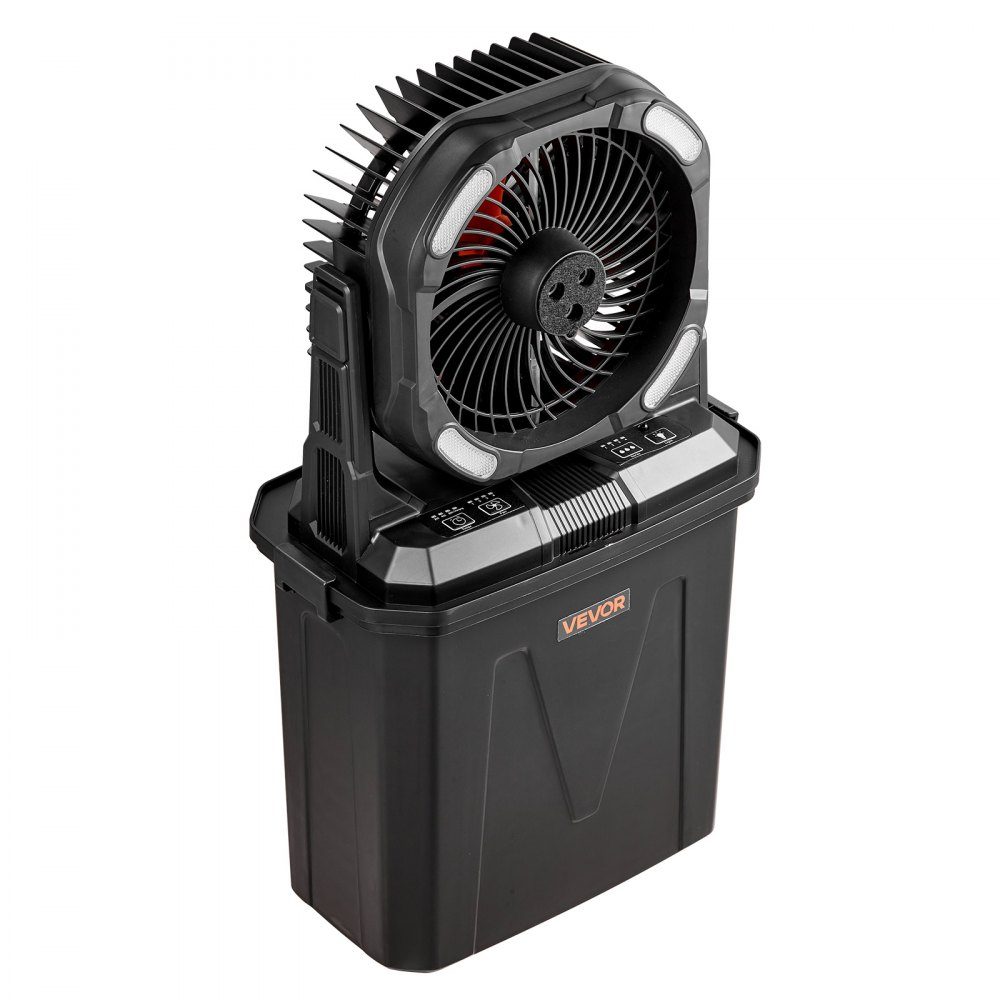 Ventilateur de camping, moteur 2700 tr/min, ventilateur brumisateur avec réservoir d'eau de 9 L, batterie 10 000 mAh, 4 niveaux de vent et 5 modes d'éclairage, ventilateur sur pied portable pour le camping, la pêche et les voyages – Réf. HT-24327