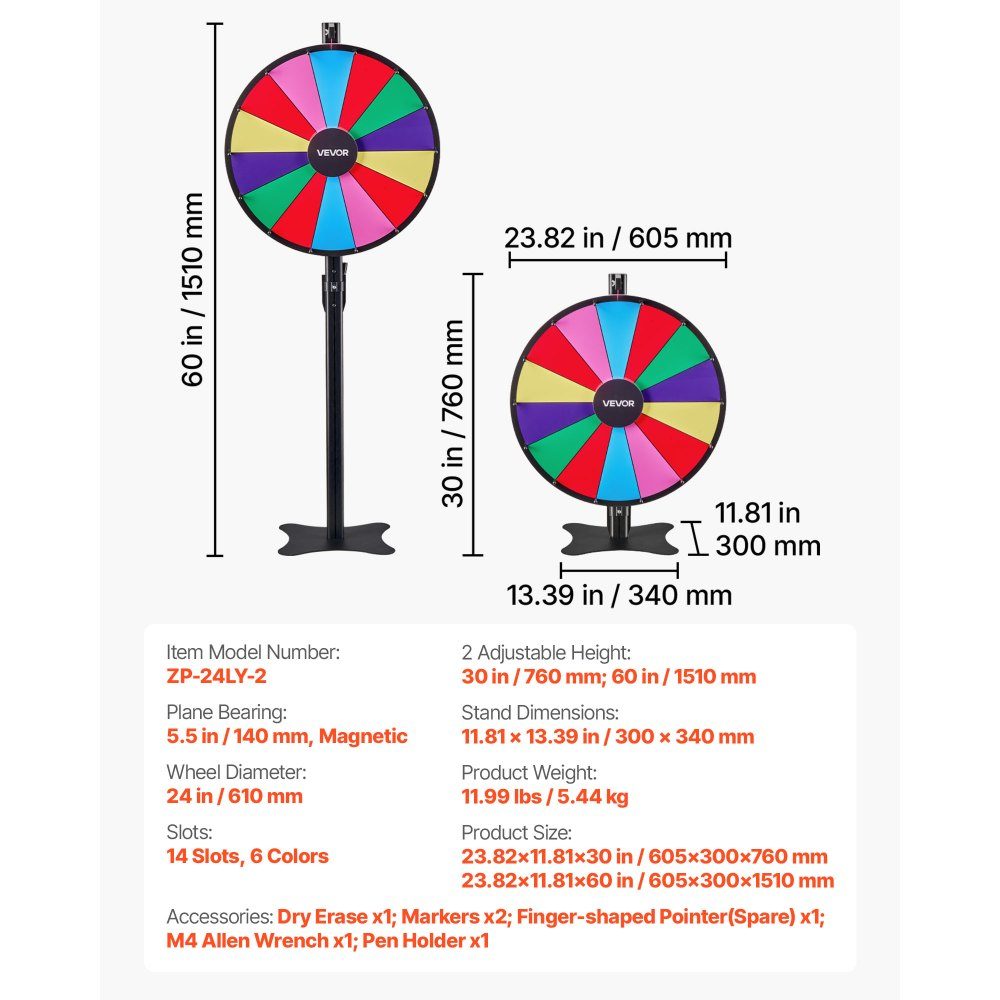 Glücksrad, Spinnrad (61 cm), 14 Fächer, Glücksrad mit Ständer, höhenverstellbar, Lotteriespiele, Gewinnspiel, Roulette, mit Tafelschwamm und 2 Markern, 6 Farben, ideal für Party, Kneipe, Messe