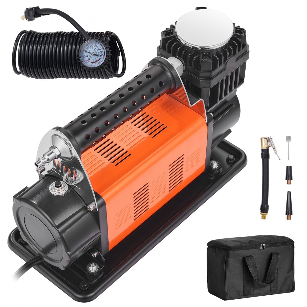 Tragbarer 12-V-Reifenfüller, 7,06 CFM Hochleistungs-Luftkompressor, 150 PSI Off-Road-Luftpumpe mit Adaptern für Auto, SUV, Wohnmobil, LKW – inklusive 6,5-Fuß-Netzkabel, 26-Fuß-Luftschlauch mit Manometer, Tragetasche