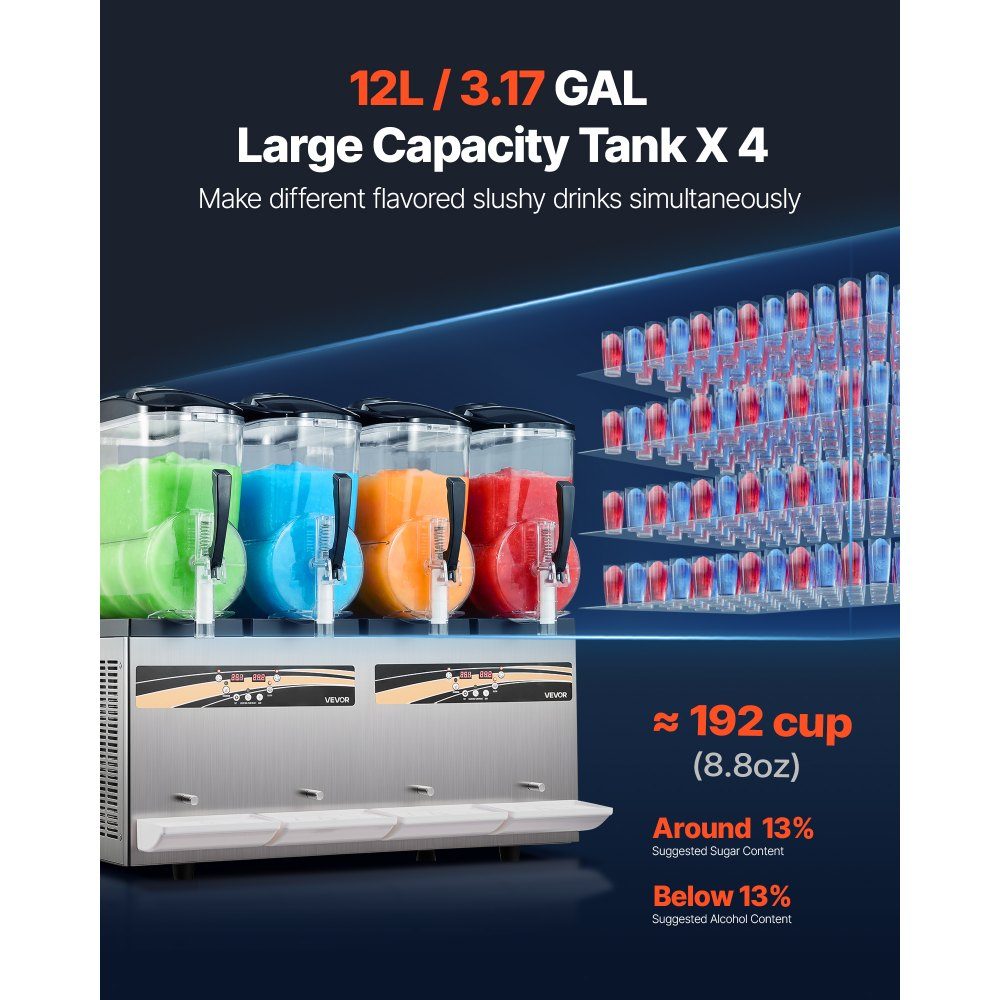 Slush Machine 4 x 12L, Slush Ice Cream Machine 1650W (No Ice Required), Electric Margarita Machine with Self-Cleaning Function, Suitable for Frozen Margaritas, Frappes, Milkshakes, Shakes