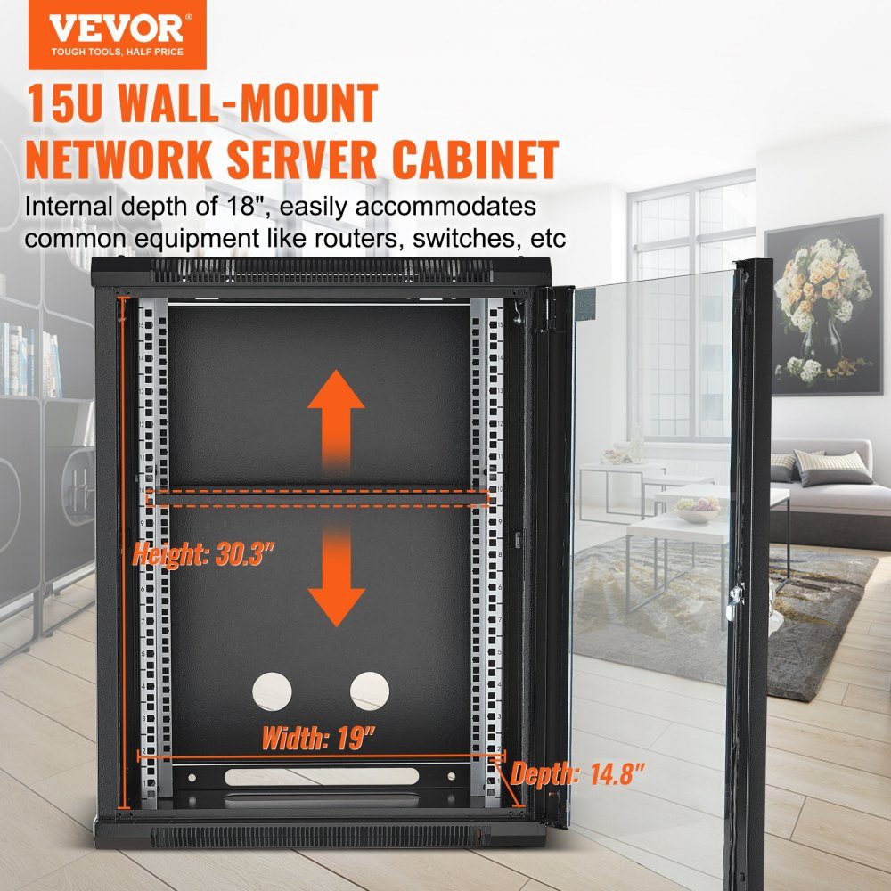 15U wandgemonteerde serverkast, maximale vloerbelasting van 500 lbs, netwerkrackbehuizing met zwenkwielen, afsluitbare deur van gehard glas, Q235 koolstofstaal voor IT-apparatuur A/V-apparatuur