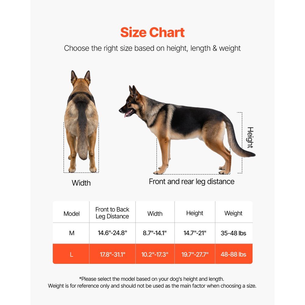 Dog Wheelchair for Hind Legs, Pet Wheelchair with 2 Wheels, Height, Width and Length Adjustable, Dog Cart with Shock Absorbing Wheels, for Injured, Disabled Hunde 50-80 Pounds