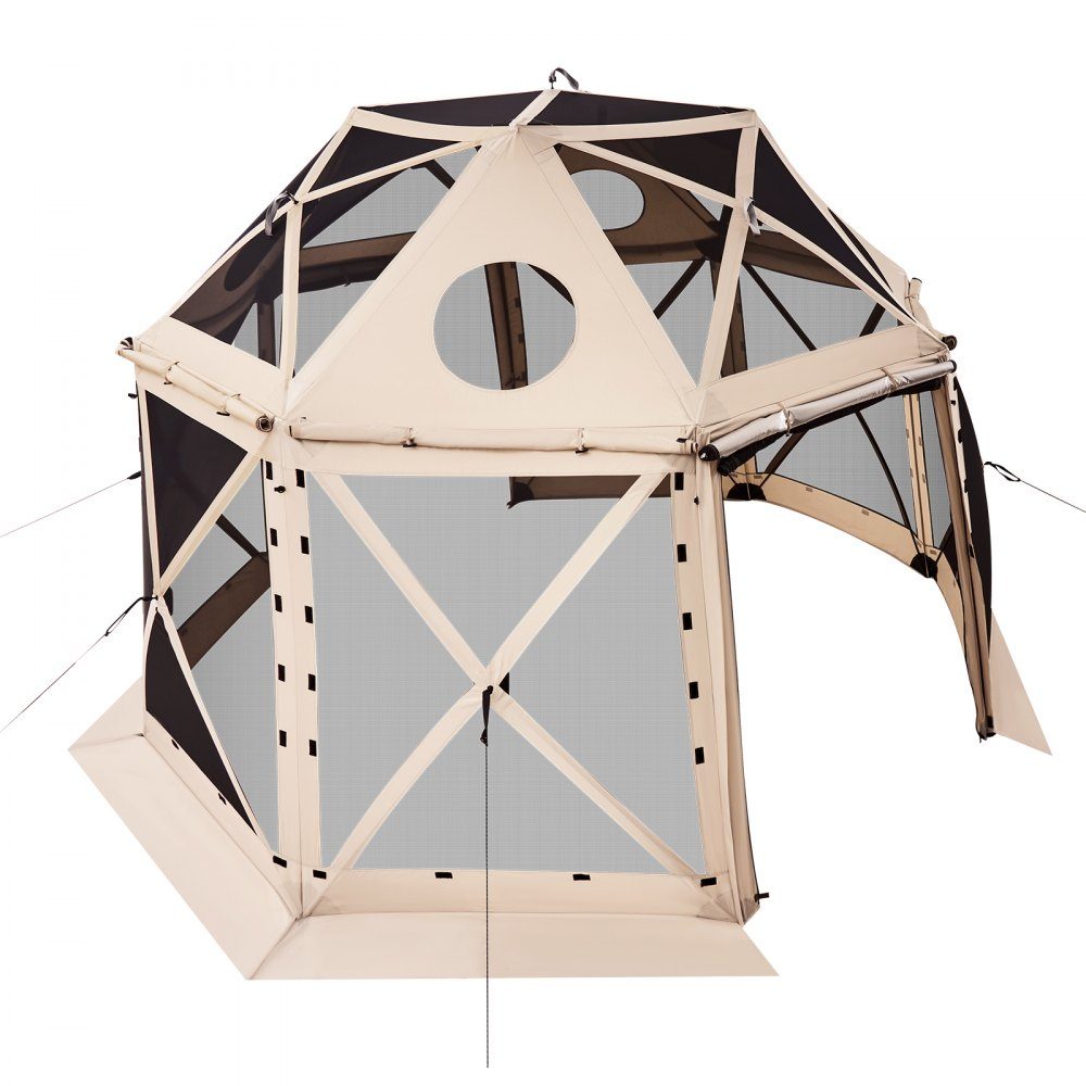 Tonnelle escamotable 3,6 m x 3,6 m, tente de camping sphérique à 13 côtés avec toit amovible et sac de transport, ventilation à 360°, pare-soleil, tente de fête pour 8 à 10 personnes, beige