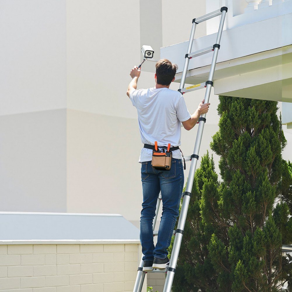 Teleskopleiter 3740 mm, Alu-Klappleiter mit Einhand-Einzug, Mehrzweckleiter, belastbar bis 150 kg, Trittleiter, Haushaltsleiter, Außenleiter, für Haus, Garten & Dachboden