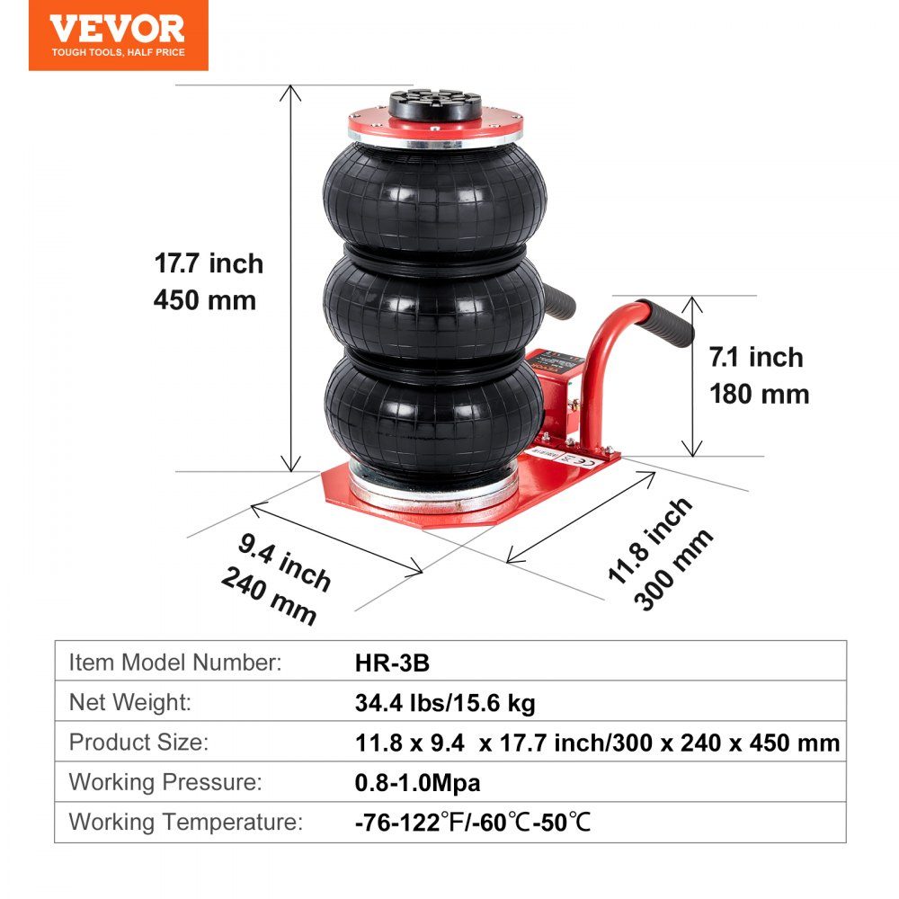 Pneumatische autokrik Triple Bag Air Jack 3T, Triple Bag Air Jack 140-450 mm hefhoogte Airbag Air Jack, 5 minuten slag korte handgreep Air Jack, autokrik rood arbeidsbesparend