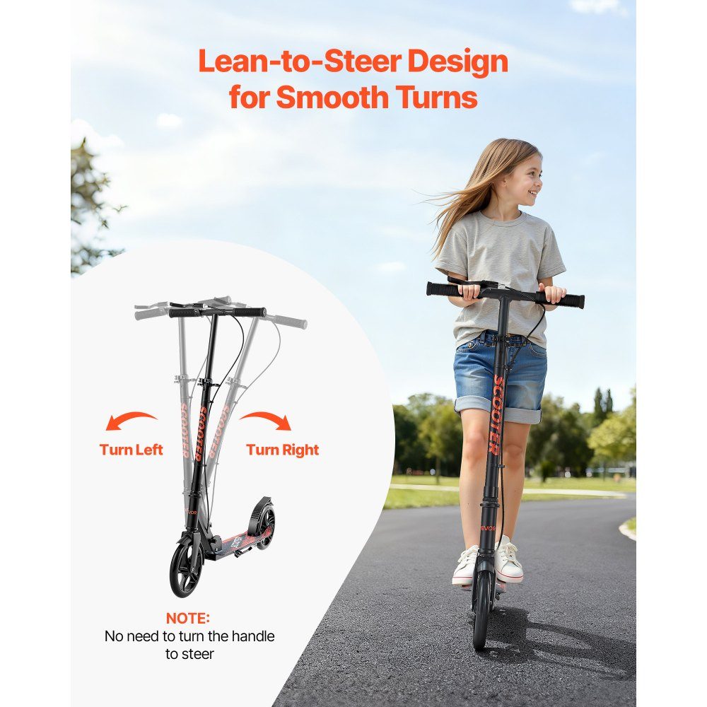 Trottinette (2 roues) pour enfants à partir de 8 ans, trottinette de ville, trottinette enfant, trottinette de rue avec guidon réglable en hauteur & plateau antidérapant & frein à main, trottinette pliable jusqu'à 100 kg, noire