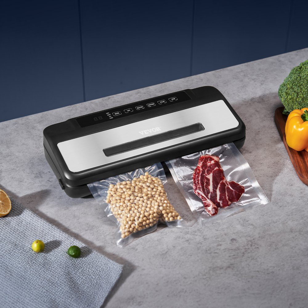 Vakuumiergerät, 80 kPa, 120 W, Lebensmittel-Vakuumiergerät, 7-in-1-Folienversiegelung, automatisches Luftversiegelungssystem mit integriertem Schneider, mit 10 Vakuumbeuteln und 1 Beutelrolle