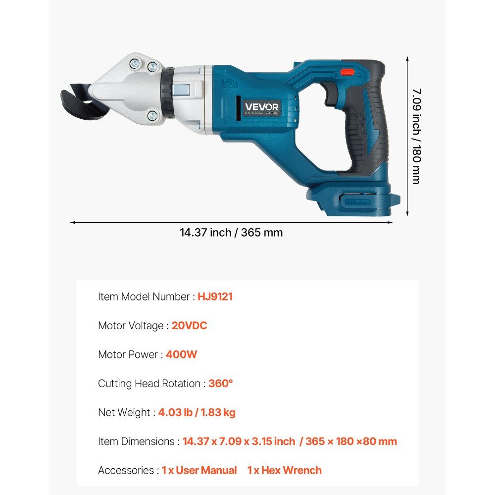 Accu-metaalschaar, blikschaar, met 360-Grad-Schwenkkopf, dubbele messen, toerental 25.000 tpm, knipt verzinkt staal 18 GA, RVS 20 GA, aluminiumplaat, kunststof, karton