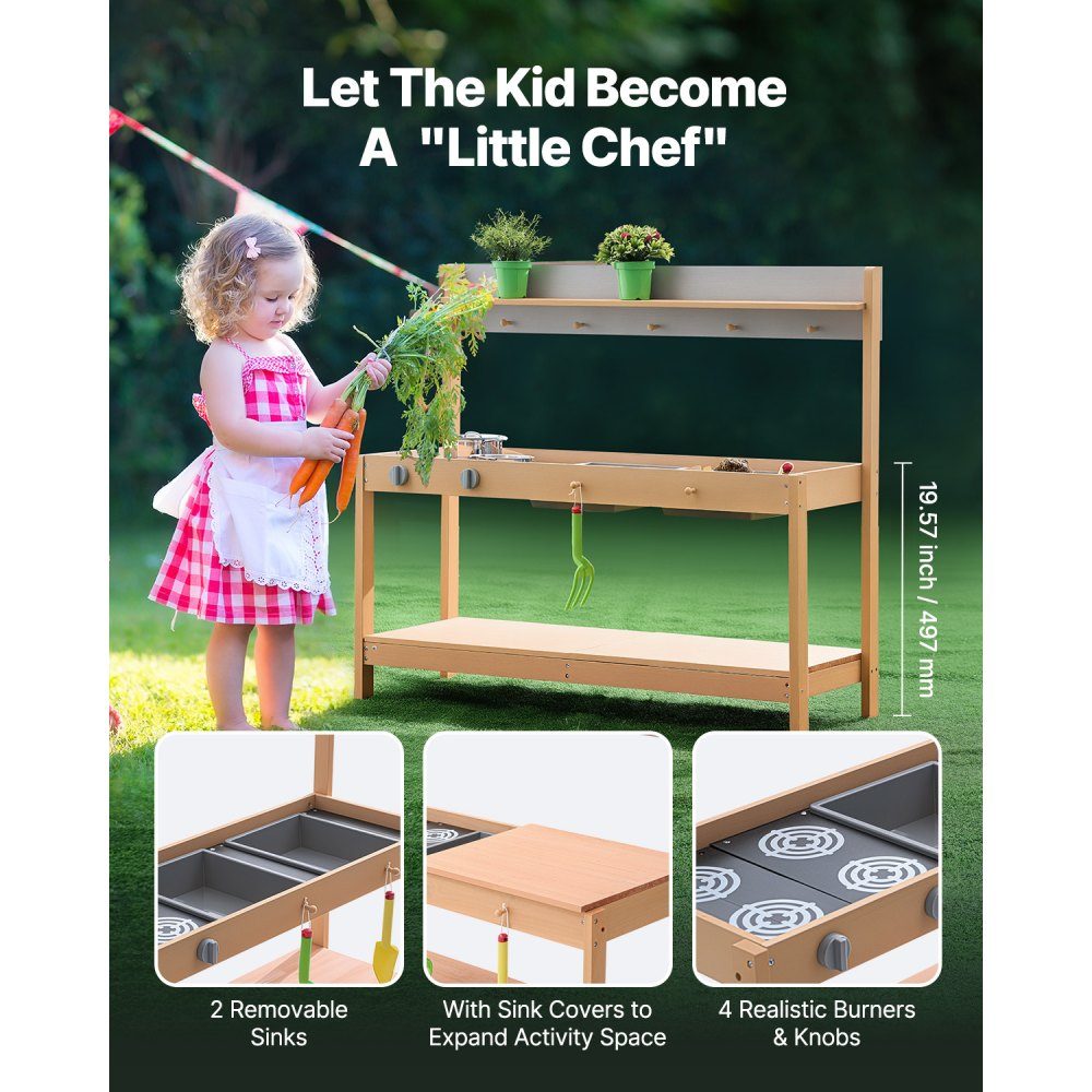 Mud kitchen 1000x360x885 mm, children's kitchen, wooden toy play kitchen set with accessories, outdoor play set, role play outdoor kitchen for boys and girls, toddler play kitchen with stove and sink