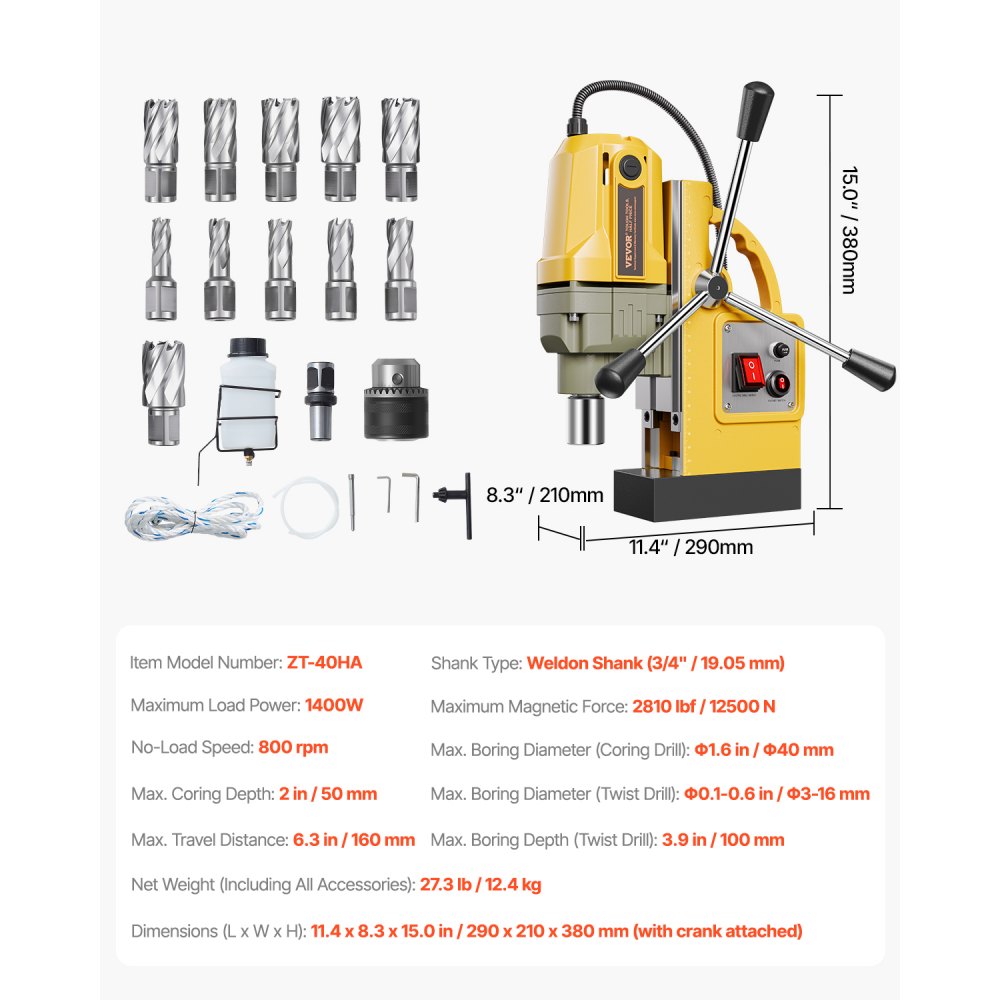Magnetische boor Kernboor 1400W φ50mm, 12500N Draagbare elektrische magneetboor met 11 kernboren, 800 RPM boor voor metalen oppervlakken Industrie DIY Geel