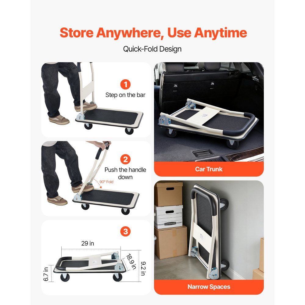 Folding platform trolley 150 kg, transport trolley with swivel castor, hand trolley loading area with anti-slip coating, transport aid for easy storage, 735x480x825 mm trolley