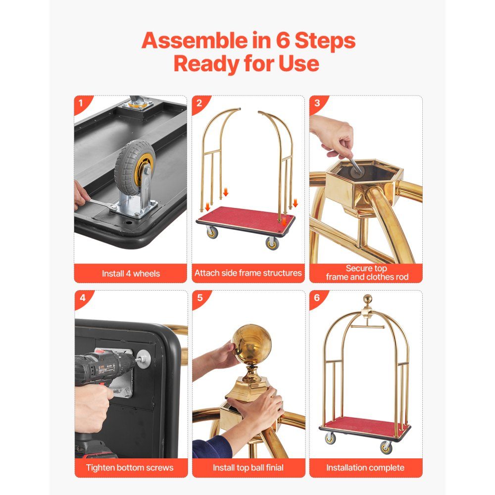Hotel Luggage Cart 500kg Load Capacity Curved Stainless Steel Luggage Cart with Red Carpet Floor and 15cm Rubber Wheels Ideal for Hotels, Condominiums, Resorts