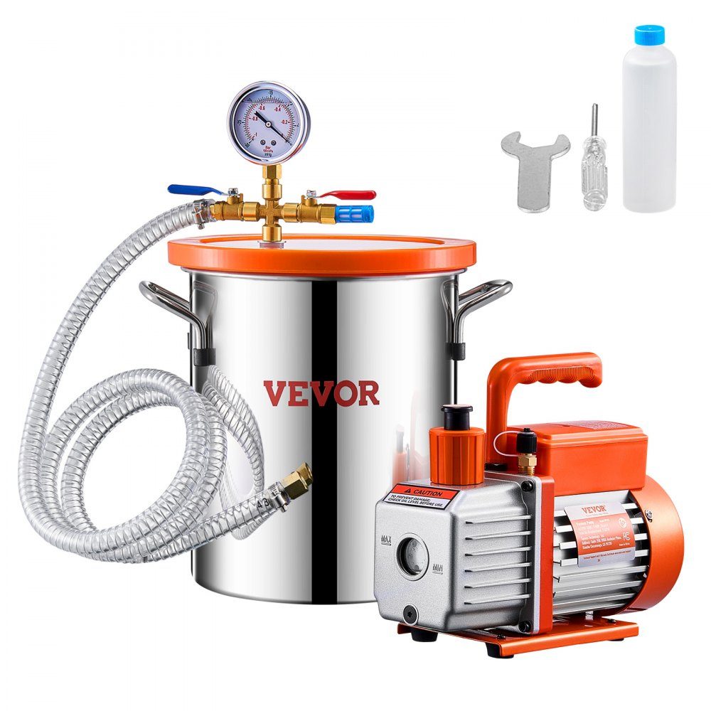 Vacuümkamer van 11,36 liter en pomp van 3,5 CFM, roestvrijstalen kamer, eentraps vacuümpomp-ontgassingkamerset, met acryldeksel, olie, 1,5 m slang, vacuümpompset voor het ontgassen van hars Siliconen epoxyharsen