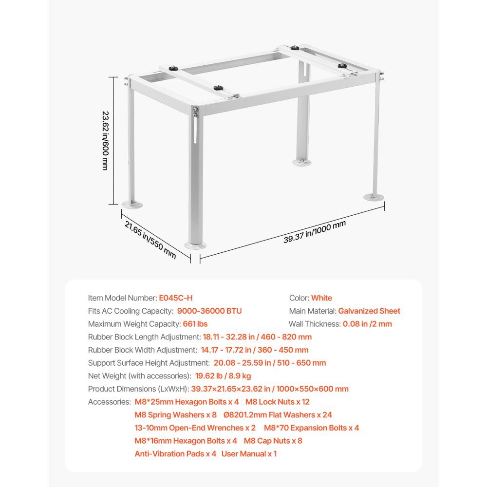 Air Conditioner Floor Stand, Anti-Vibration Mini Split Stand for 9000-36000 BTU Ductless Air Conditioner Heat Pumps, Floor Mount AC Base Bracket with Max 300kg Load Capacity