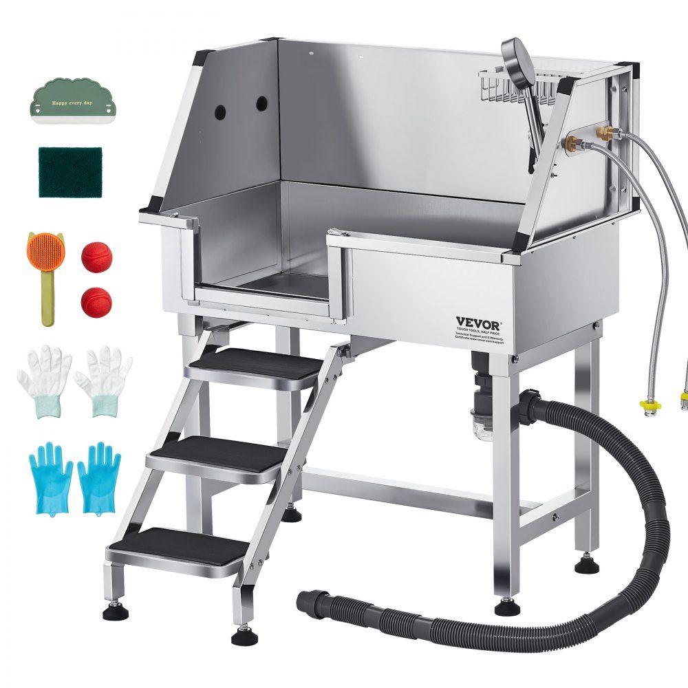 Station de lavage pour chien en acier inoxydable, baignoire de toilettage pour animaux de compagnie 870x488x1025 mm avec escaliers de rangement, robinet, pomme de douche et porte-savon, baignoire pour chien, pour animaux de taille moyenne et petite (porte