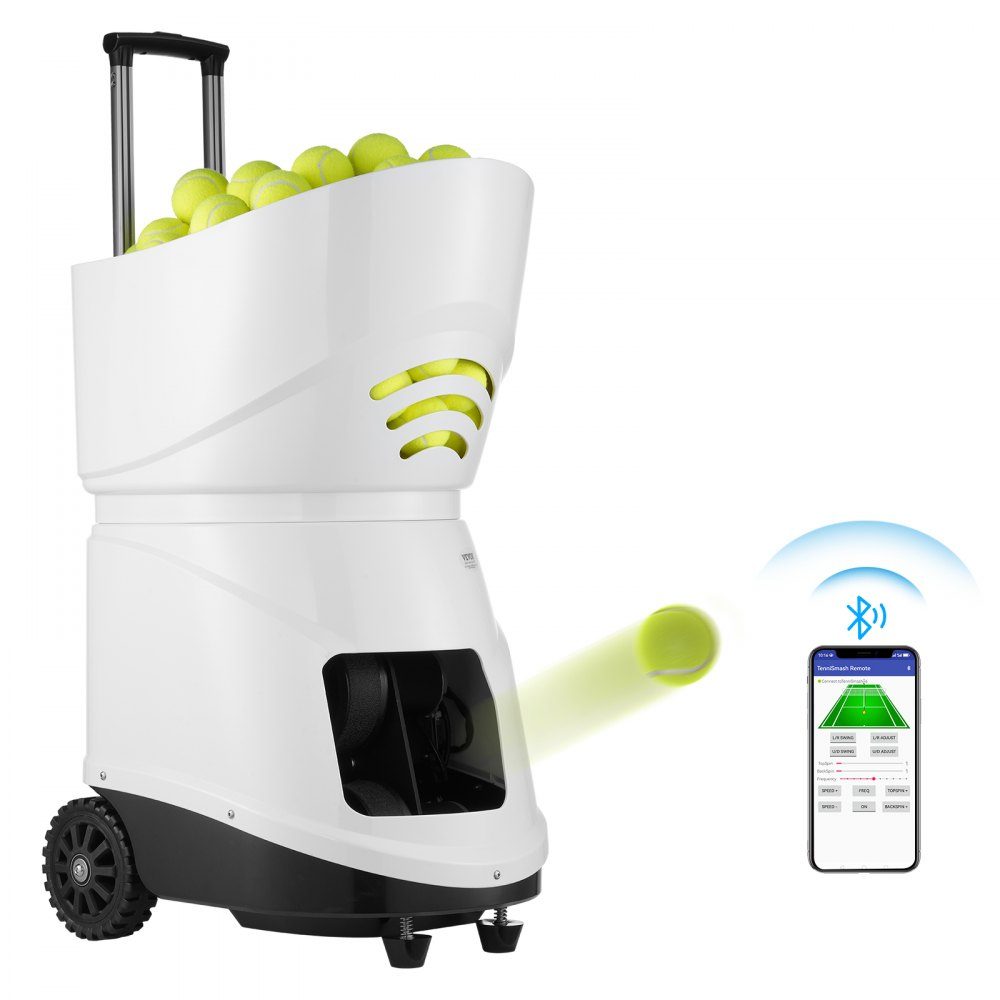 Tennisbalmachine, automatische draagbare tennisballenwerper, oefenwerper voor 150 ballen, tennistraining, 5 motoren, oefeningen in meerdere modi, meer dan 2 uur speeltijd, oplaadbare batterij, app-afstandsbediening
