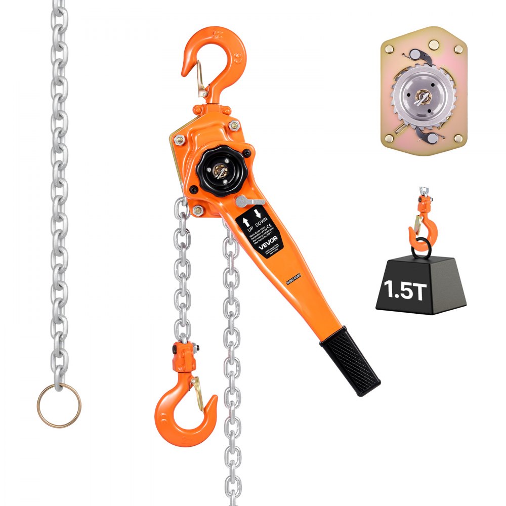 Hefboomtakel Handkettingtakel met capaciteit van 1,5 ton, slag van 6 m G80-ketting van gelegeerd staal met dubbele pal, mechanische rem, 360° draaibare haken voor magazijnbouw, garage Hefboomtakel Handkettingtakel met capaciteit van 1,5 ton, slag van 6 m G80-ketting van gelegeerd staal met dubbele pal, mechanische rem, 360° draaibare haken voor magazijnbouw, garage