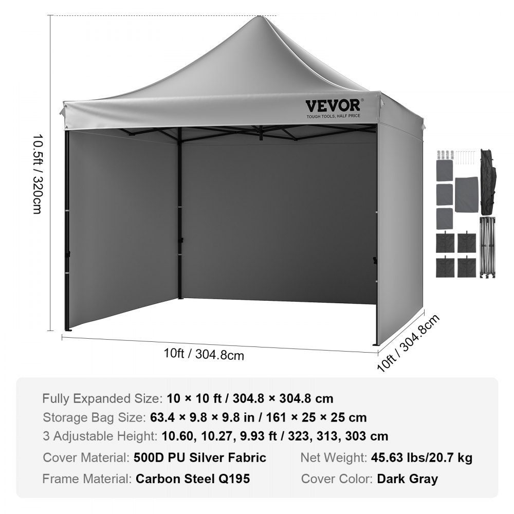 Pavillon 304,8x304,8x320cm Gartenzelt 500D PU Silberstoff Faltpavillon höhenverstellbar inkl. Aufbewahrungstasche Partyzelt 6-8 Personen Pop-up-Zelt Faltzelt Gartenpavillon für Campingausflug