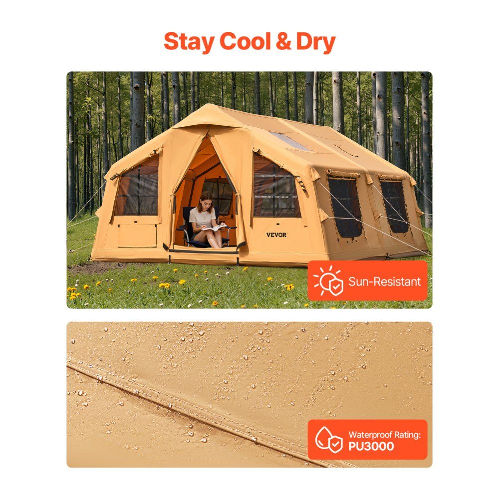 Opblaasbare kampeertent voor 8-12 personen met handpomp, glampingtent van 4,8 x 3,6 x 2,2 m met 2 dakramen, luifel, kachelaansluiting, 2 deuren en gaasramen, opbergtas