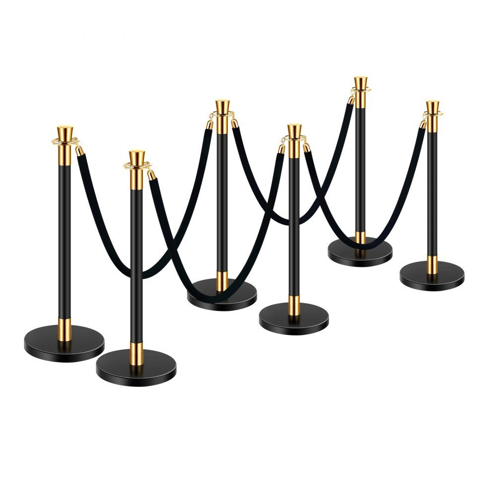 Barrier posts (6 pieces) for crowd control with 4 black velvet ropes (1.5 m long), stainless steel barrier stand with refillable base for exhibitions