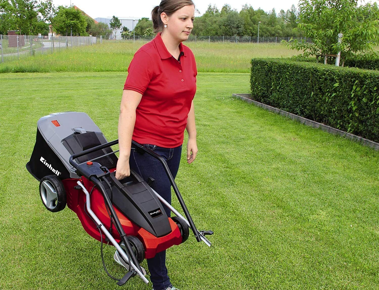 Einhell electric lawnmower GC-EM 1742 (1,700 W, 42 cm cutting width, 50 l collection box, 20-65 mm cutting height, folding handle, light and robust)
