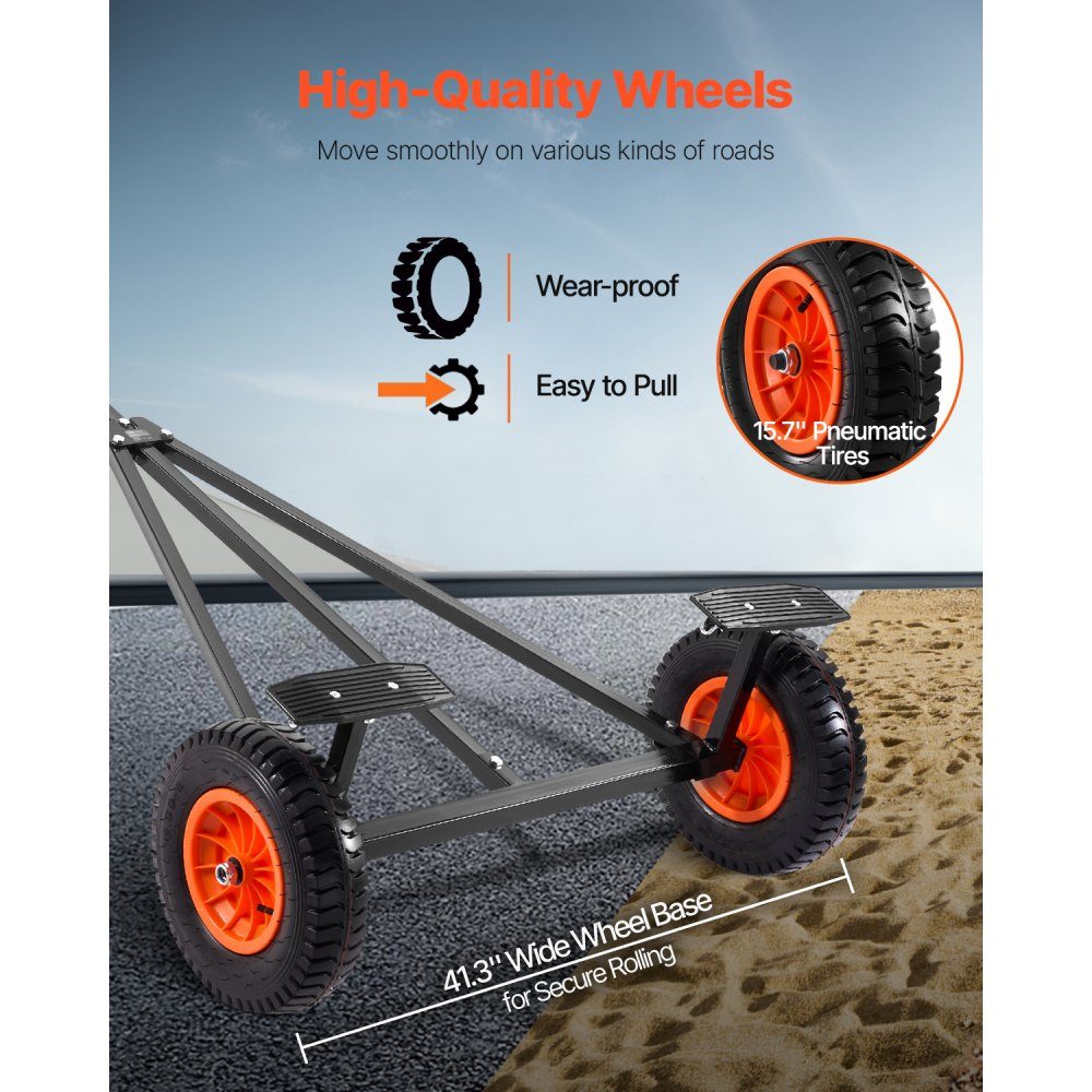 Remorque de bateau Dolly Chariot Remorque 190 kg Charge de support 40 cm Pneu pneumatique Support antidérapant en acier au carbone pour déplacer les kayaks, les bateaux à moteur et les bateaux de pêche