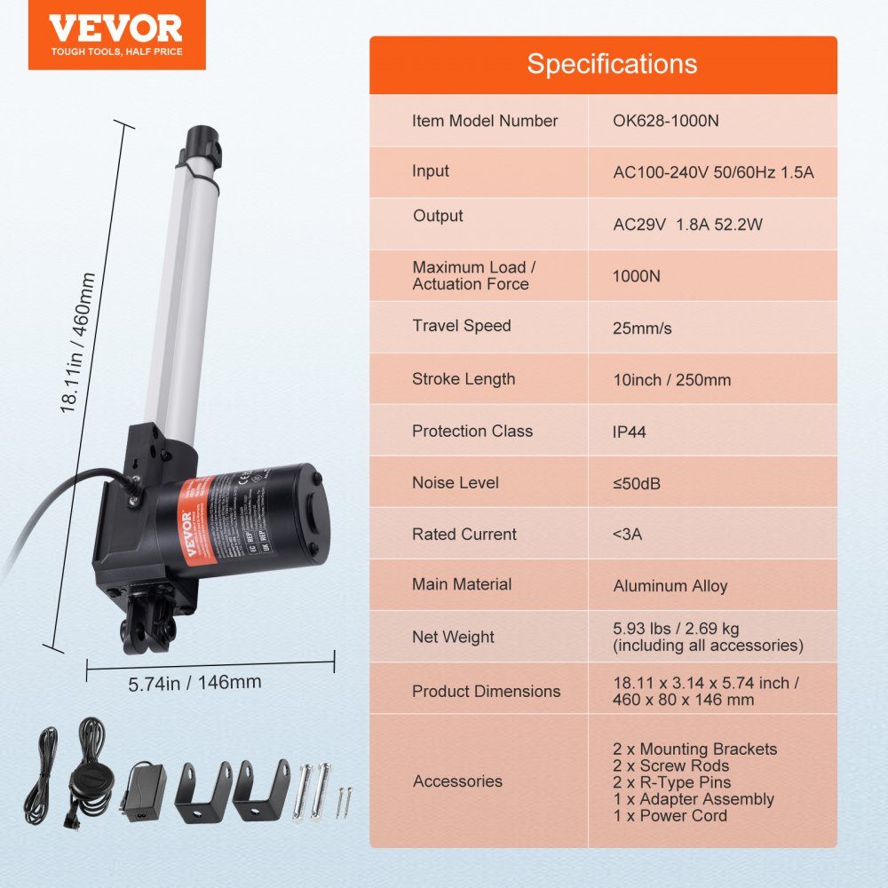 24V Linear Actuator Kit 10" 2.5cm/s 99.79kg/1000N with IP44-Schutz