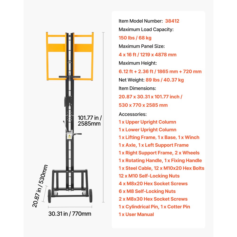 Trockenbaulift, 68 kg Plattenheber für Decken- und Wandmontage, Trockenbau für eine Person, 1219 x 4878 mm max. Vertikaler Plattenheber mit Rädern, einfacher Transport (Gelb) Trockenbaulift, 68 kg Plattenheber für Decken- und Wandmontage, Trockenbau für eine Person, 1219 x 4878 mm max. Vertikaler Plattenheber mit Rädern, einfacher Transport (Gelb)