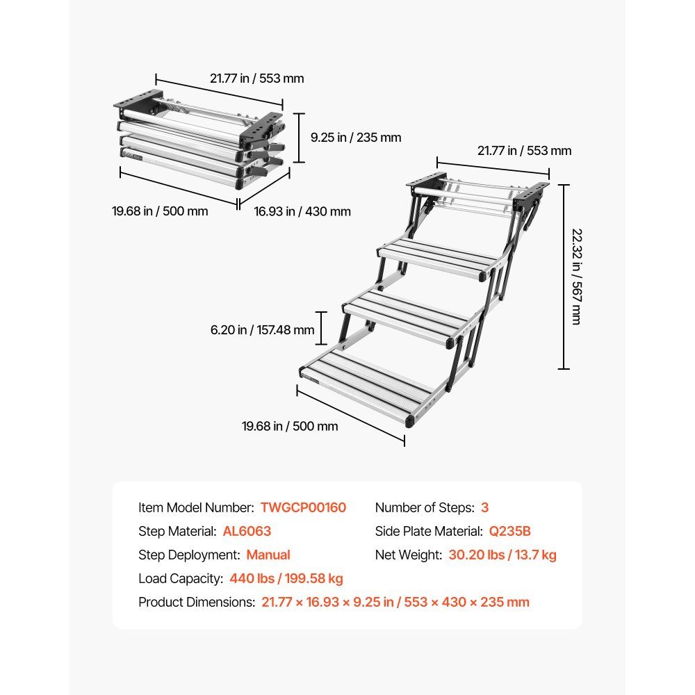 Retractable RV Stairs (3 Steps), RV Steps with 400lb Load Capacity, Aluminum Alloy Telescopic Folding Entry Stairs, Non-Slip Steel Frame for Caravan