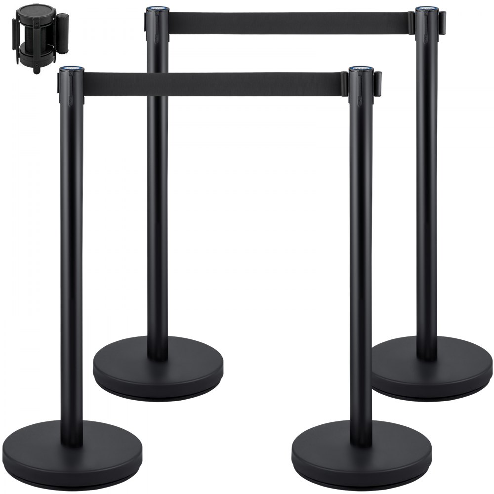 People guidance system 4 stands, 90 cm total height VIP barrier with four-way adapter, demarcation stand, barrier stand with 2 m length tape for airport, steel and iron stand, black