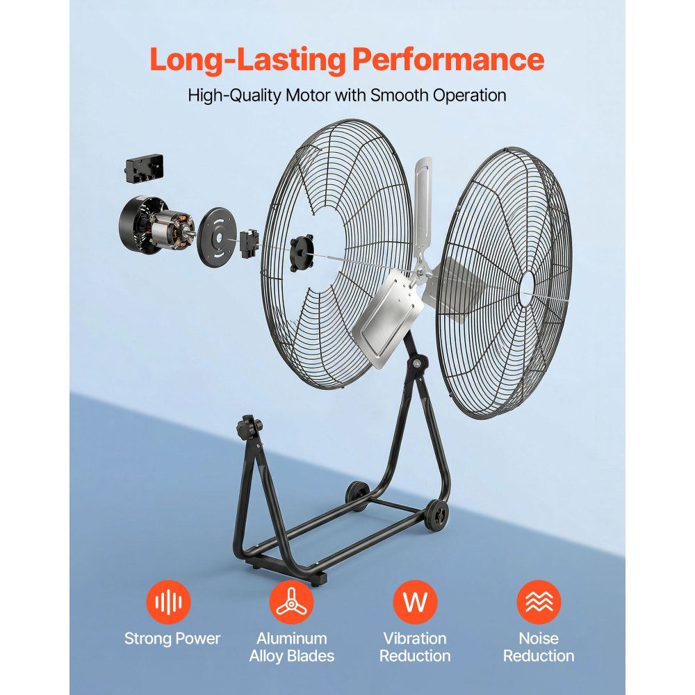 Vloerventilator Ø609,6mm, windmachine 360° kantelbaar, staande ventilator met 3 snelheden, draagbare trommelventilator met handvatrollen & 1,6m kabel, industriële ventilator voor garageopslag