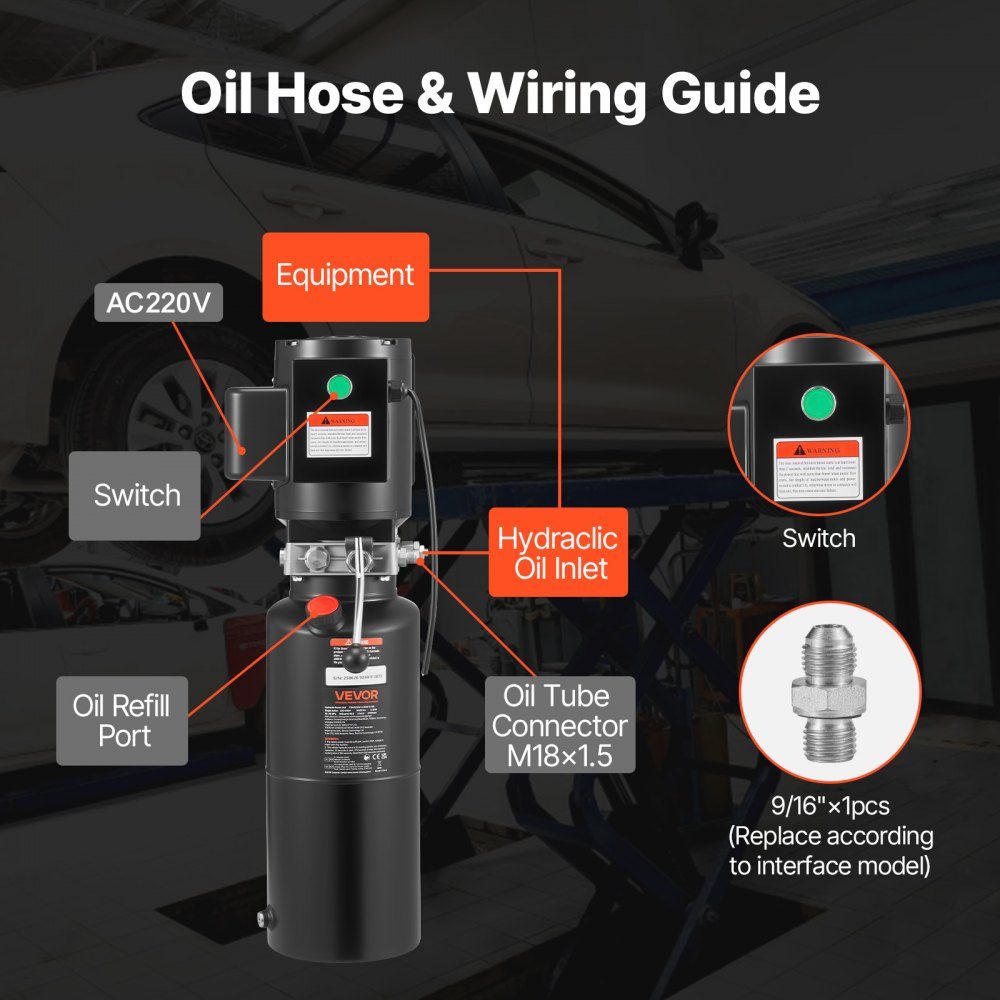 Hydraulic Pump Hydraulic Units AC 220V, 10Qt Single Acting Hydraulic Unit, 6.3L/min Oil Flow, Max Delivery Pressure 22MPa for Dump Trucks, Automotive Workshops, Lifts, Black