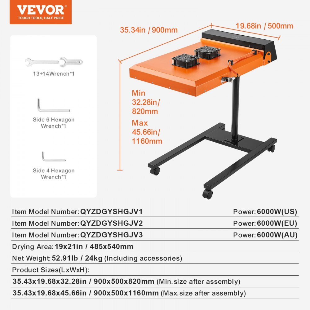 Quick Dryer 6000W 485x540mm Infrared IR Flash Dryer for Screen Printing 0-750℉ Temperature Control Screen Printing Dryer with Sensor Height Adjustable Double Fan Cooling for T-Shirts