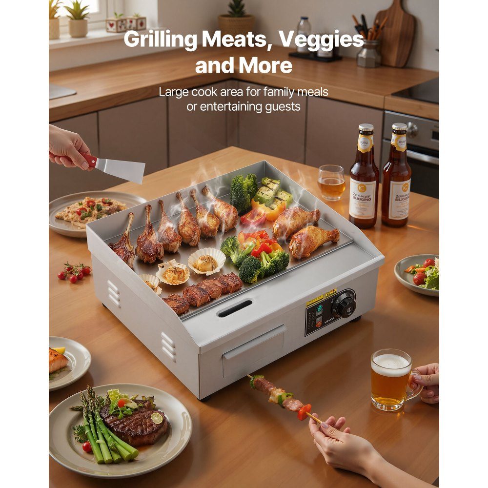 Commerciële grillplaat elektrisch 45 x 30 cm, bakplaat elektrische grill 2800 W, tafelgrillplaat 50-300 °C met 2 spatels, 2 borstels en 4 voetzolen, bakplaat voor steaks, pannenkoeken