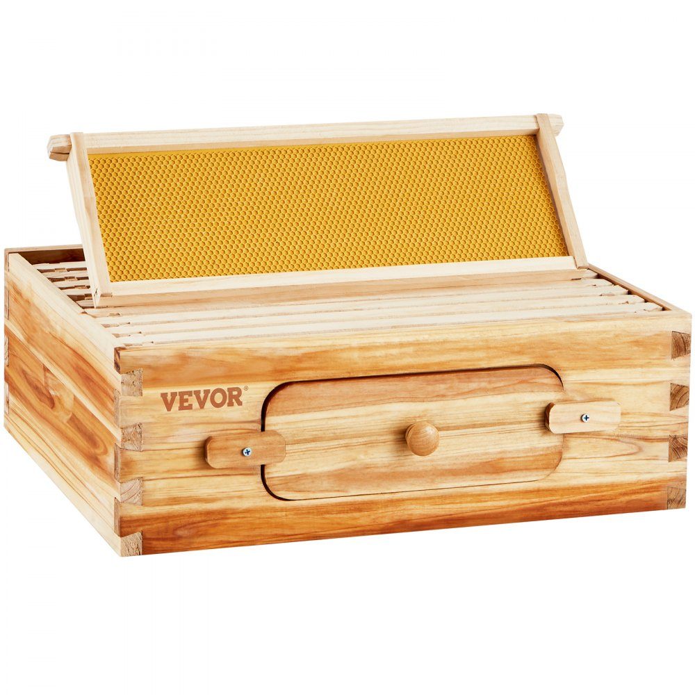 Beehive Starter Kit, Medium Box, 100% Beeswax Coated Natural Fir Wood, Langstroth Beehive Set with 10 Frames and Center Panels, Clear Acrylic Bee Windows