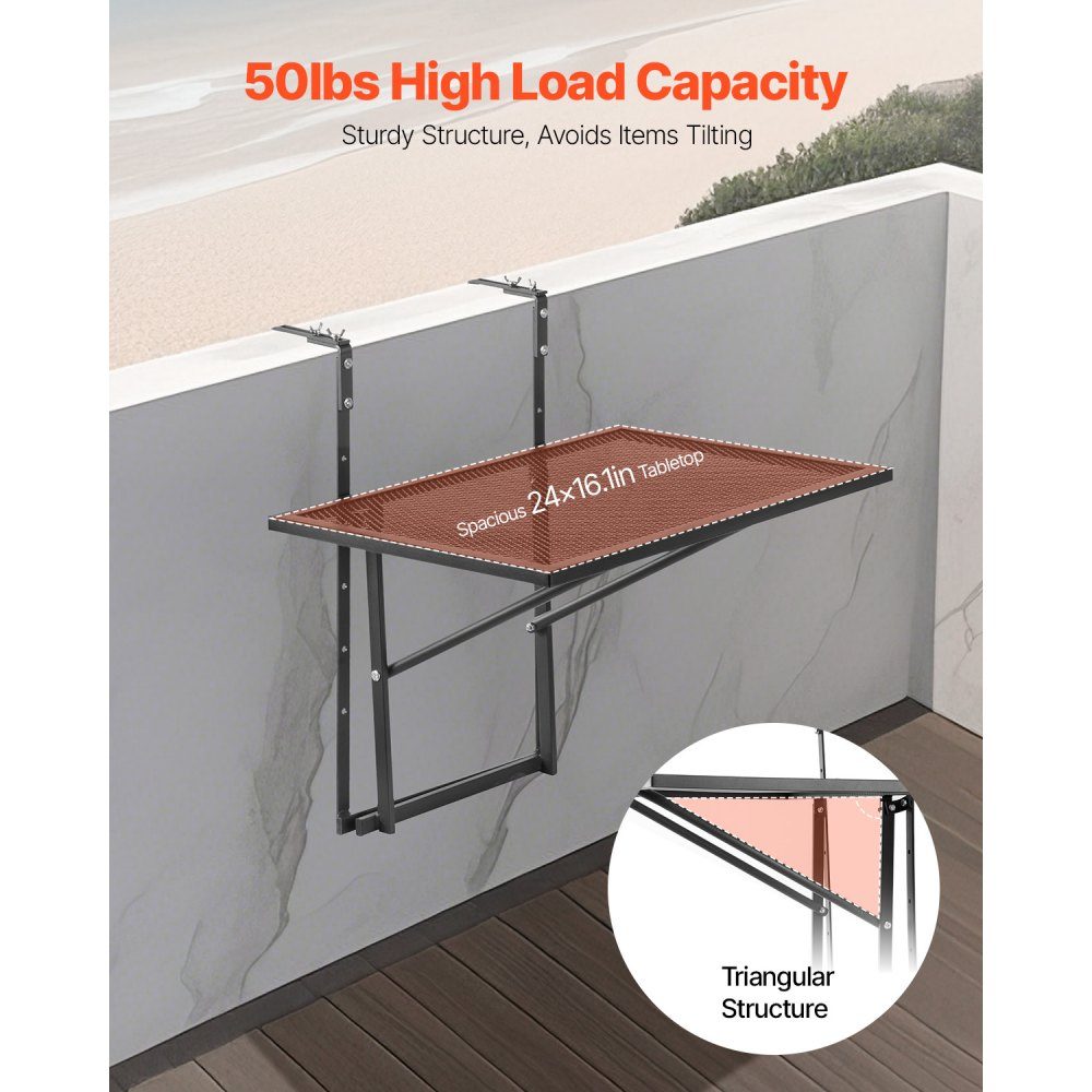Balkontisch, 61 x 41 cm, klappbarer Metall-Balkon-Hängetisch, Klapptisch für Außengeländer, 5-stufig verstellbar, passend für Geländer von 2,5 bis 11,9 cm, Serviertisch für Terrasse und Terrasse