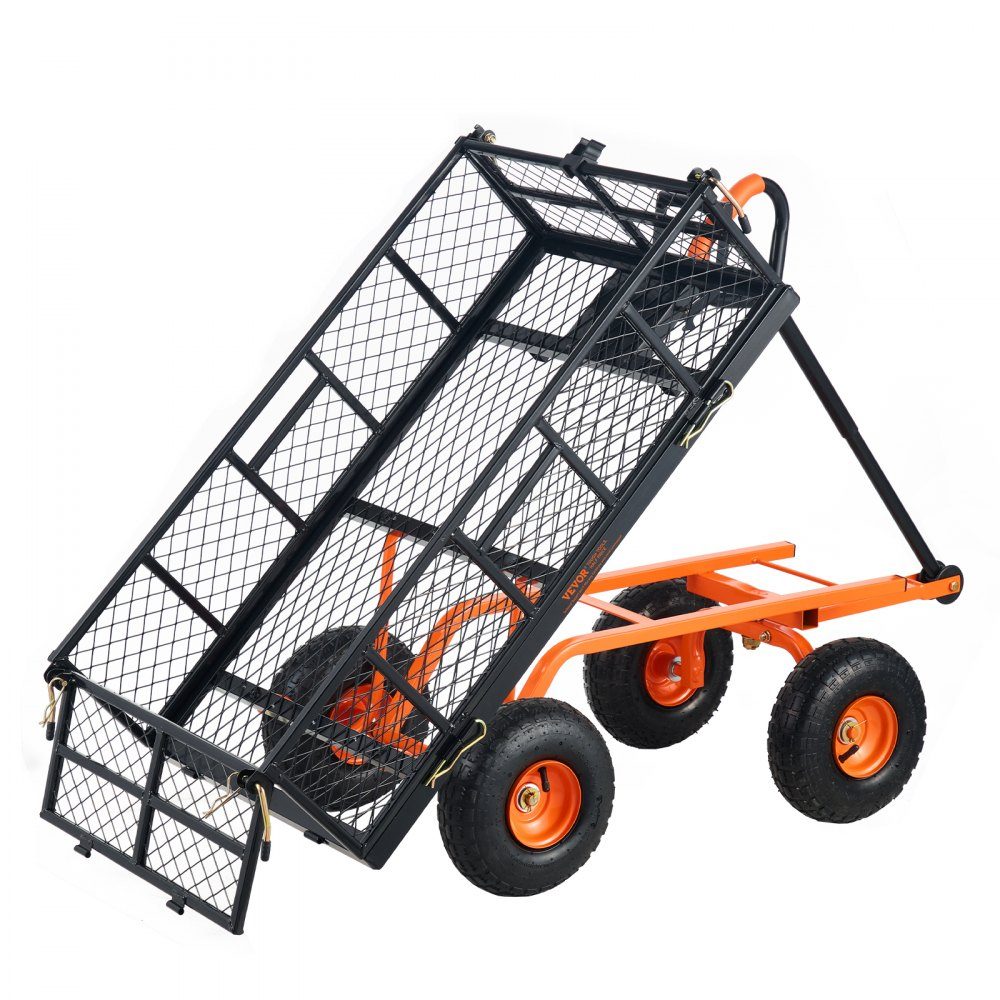Tuinwagen, metalen tuinwagen met eenvoudig te monteren frame, kantelbare handwagen met 2-in-1 converteerbare handgreep, multifunctionele kruiwagen met een laadvermogen van 400 kg, 10" banden