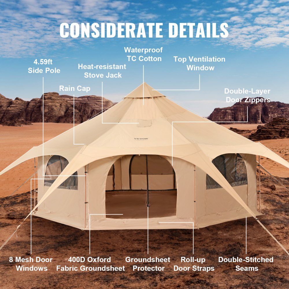 Bell Tent 5x2.8m Yurt Tent TC Cotton and Heavy Duty Iron Poles with Oxford Cloth Groundsheet Camping Tent Family Tent 8 Windows Group Tent for Outdoor Adventures