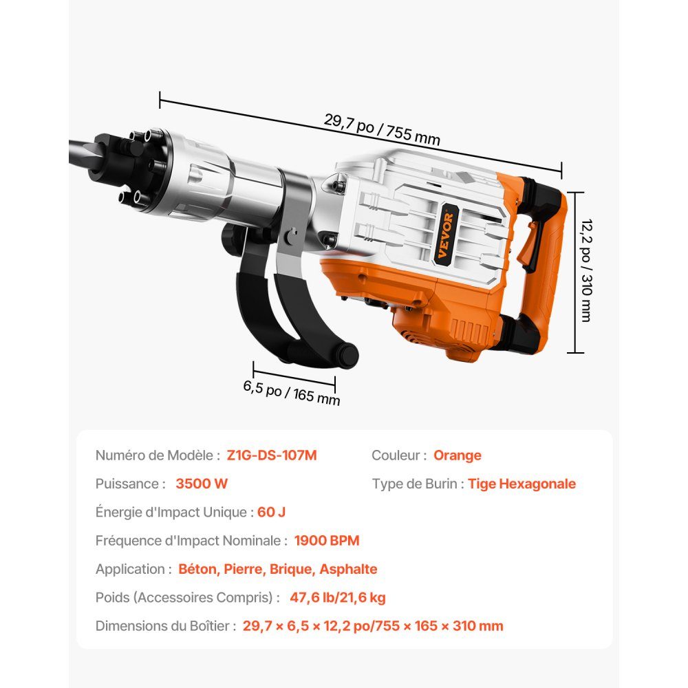 High Performance Concrete Breaker, Demolition Hammer 3500W, 60J Impact Power, Electric Demolition Hammer, Drill Hammer, Concrete Hammer, Mortar Hammer 1900 BPM, Includes Pointed Chisel, Flat Chisel, for Slate, Concrete etc