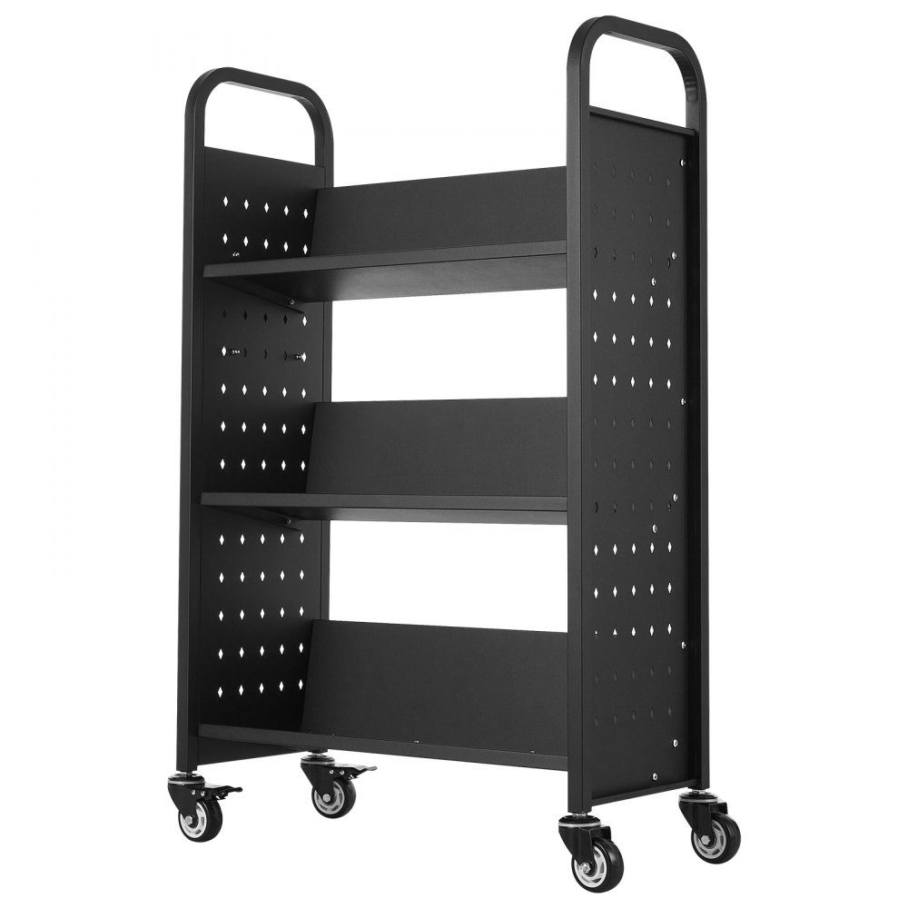 Book Trolley 150kg Load Capacity Library Trolley 77 x 38 x 122cm Single Sided V Shaped Bookshelf with Double Brake Wheels Bookshelf Trolley for Living Room Office School Black