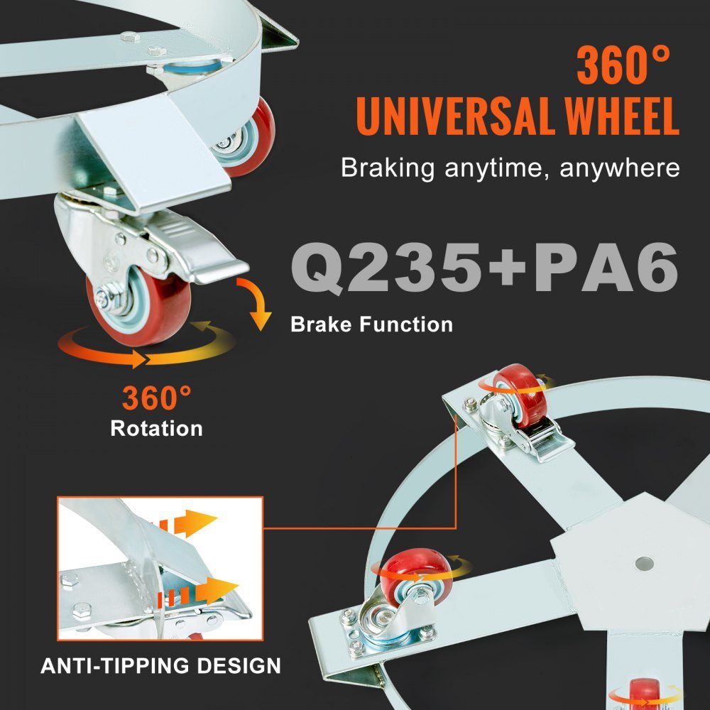 Barrel roller 250L transport roller carbon steel roller board inner diameter Ø607mm barrel trolley with 5 universal wheels (2 with brakes) transport trolley for transporting barrels up to 567kg