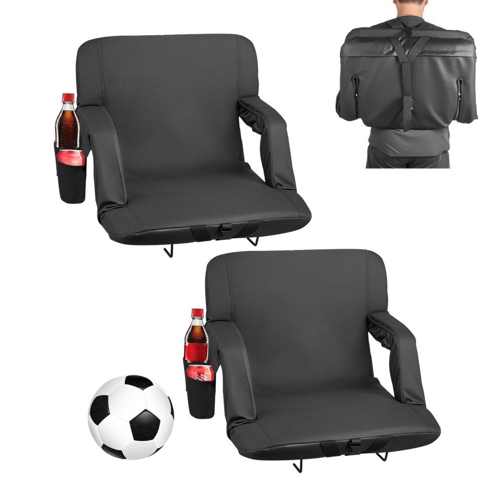 2 x Stadionsitzkissen mit 6 verstellbaren Winkeln, gepolsterter Stadionstuhl mit Armlehne & Rückenlehne & Getränkehalter, Tribünensitz für Picknicks, Strandsport, Gaming, klappbar schwarz