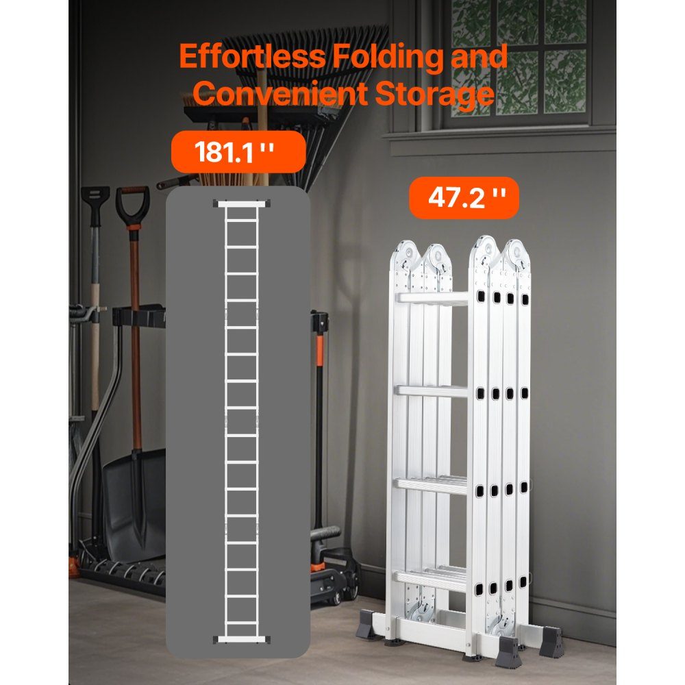 Multipurpose Ladder, 7 in 1 Multifunctional Ladder, Telescopic Ladder with A-Frame and 4 Steps, Ladder Frame 4600mm, Adjustable Heavy Duty Ladder, 150kg Load Capacity for Home Outdoor Use
