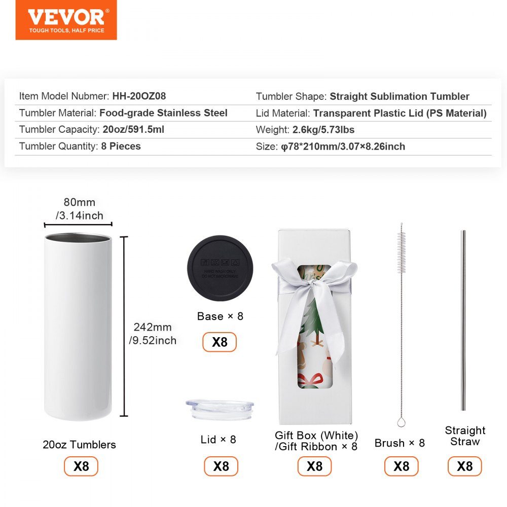 8-pack rechte sublimatiebekers, 20oz blanco bekers, dubbelwandige roestvrijstalen bekers met rietje, deksel, borstel, bodem, krimpfolie, geschenkdoos, voor hittepers en warmteoverdracht