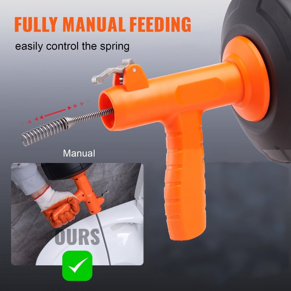 Pipe Cleaning Cable 1/4" x 30" Spring Steel Cable Drain Cleaner with Drum Manual and Electric Manual Feed Pipe Cleaning Shaft Pipe Cleaning Device for Toilet Sewer Floor Drain