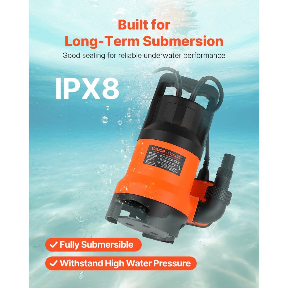650W submersible pump, 15000L/h, PP-GF20 dirty water pump for wastewater, dirty water & pure water with automatic float switch, 8m delivery height, for pools, ponds, flooded areas