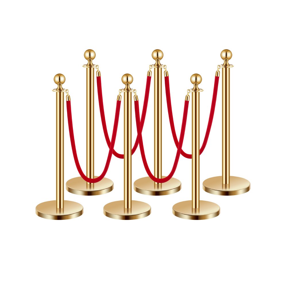 Crowd control barrier posts (6 pieces) with 4 red velvet ropes (1.5 m long), stainless steel barrier stand with refillable base for exhibitions Golden